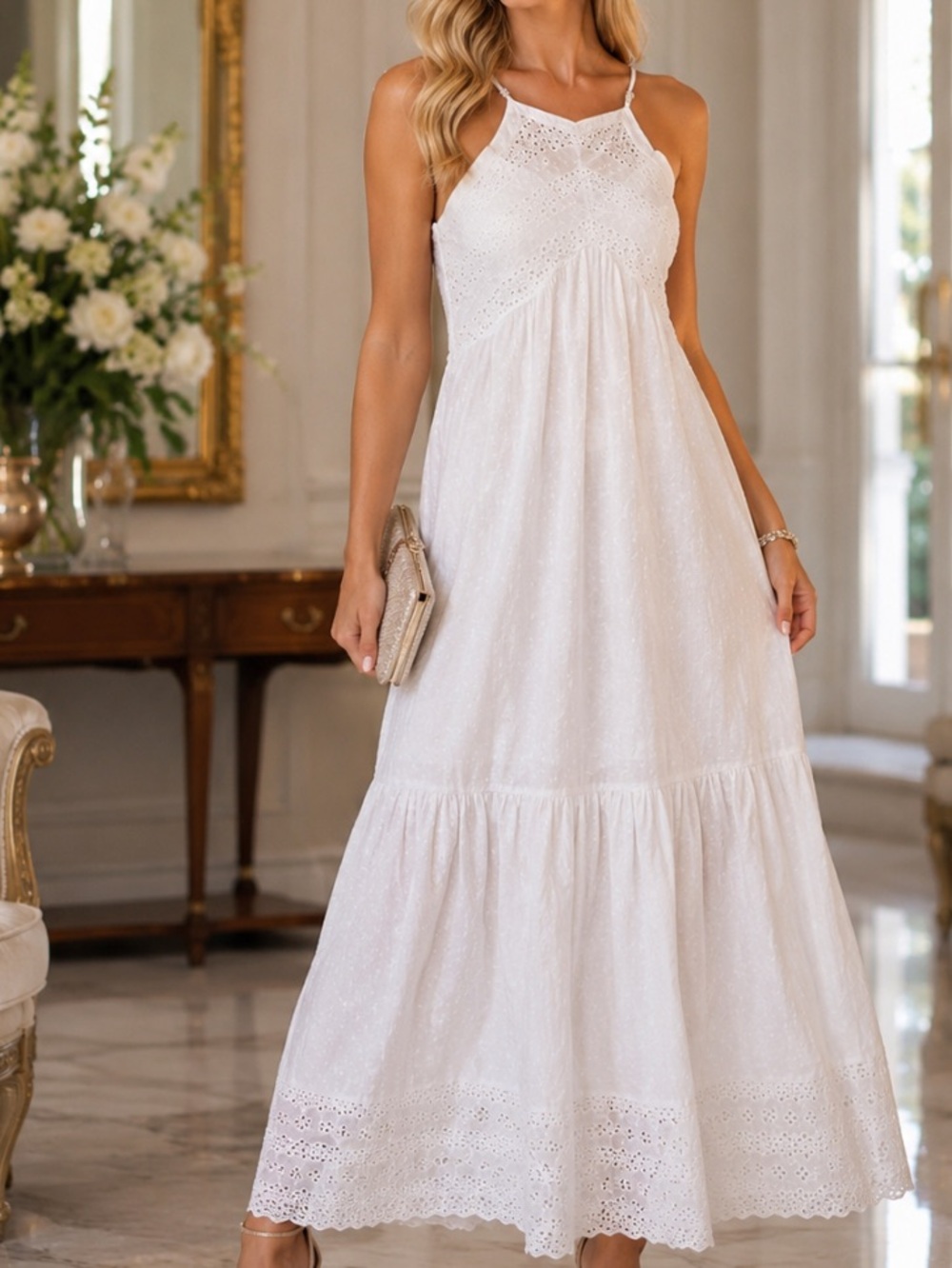 New Women's White Eyelet Halter Maxi Dress - Elegant Summer Style size M